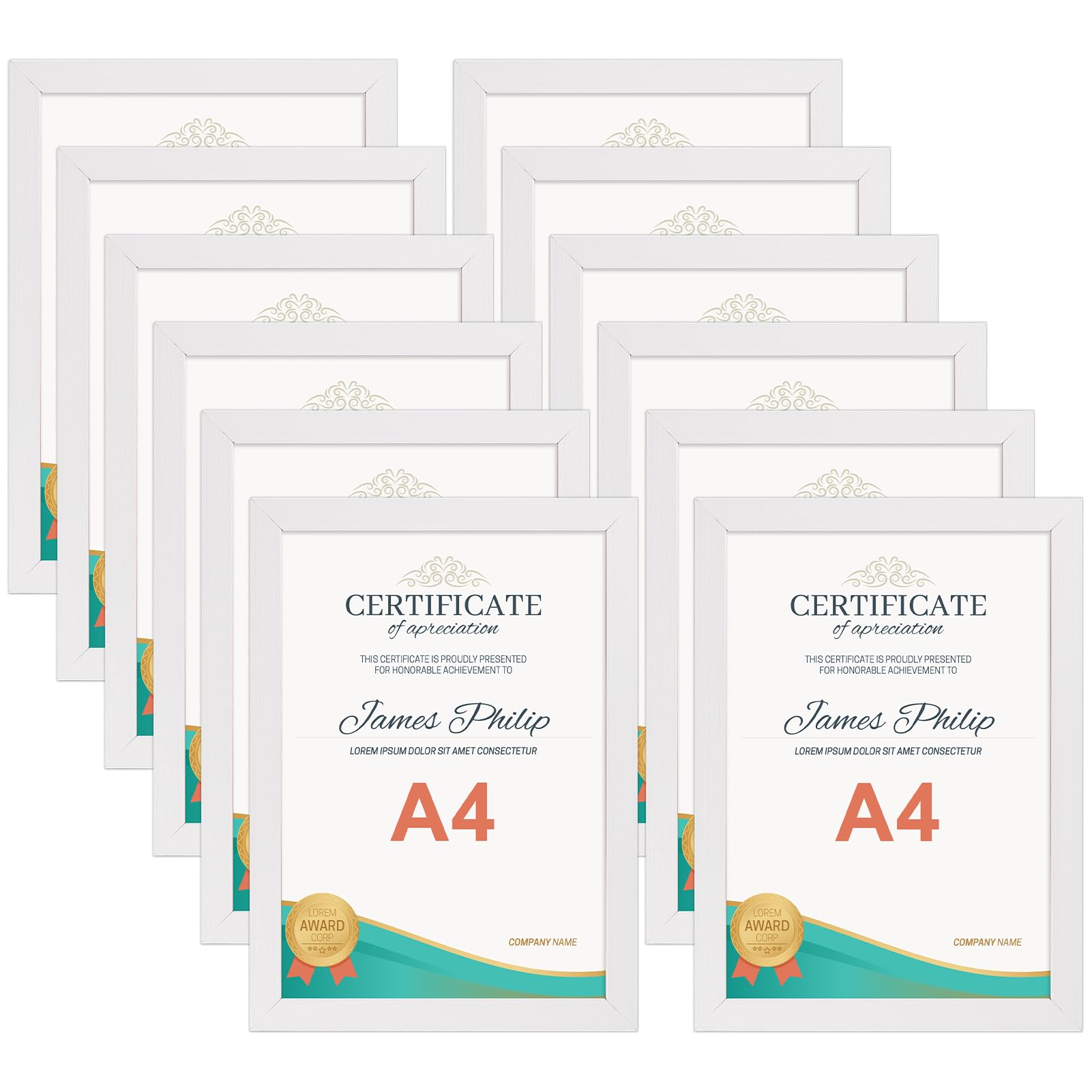 EXYGLO 12 Pack White A4 Picture Frame Set, Versatile A4 Photo Frames - Ideal for Wall or Desk Display of Certificates in Home and Office
