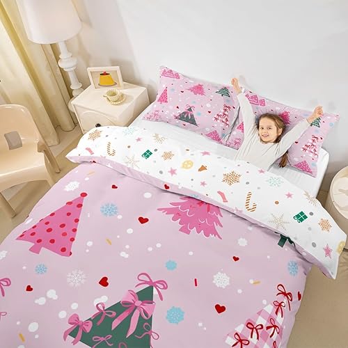 Vista 264 de Juego de funda de edredón rosa de Navidad para niñas, tamaño matrimonial, lindo juego de ropa de cama de dibujos animados de pingüino de Papá Noel