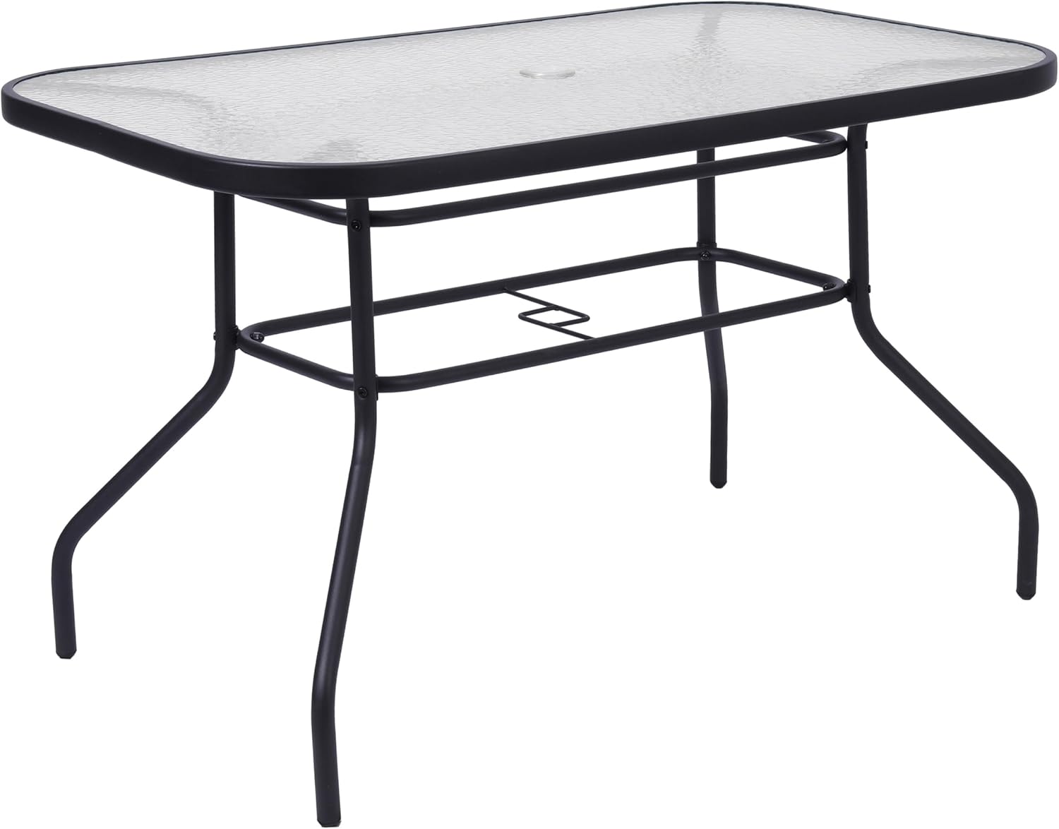 EMMA + OLIVER Bartlett 5-Piece Outdoor Dining Set, Patio Table with Tempered Glass Top and Umbrella Hole, 4 Flex Comfort Textilene Stack Chairs, 47", Red/Black