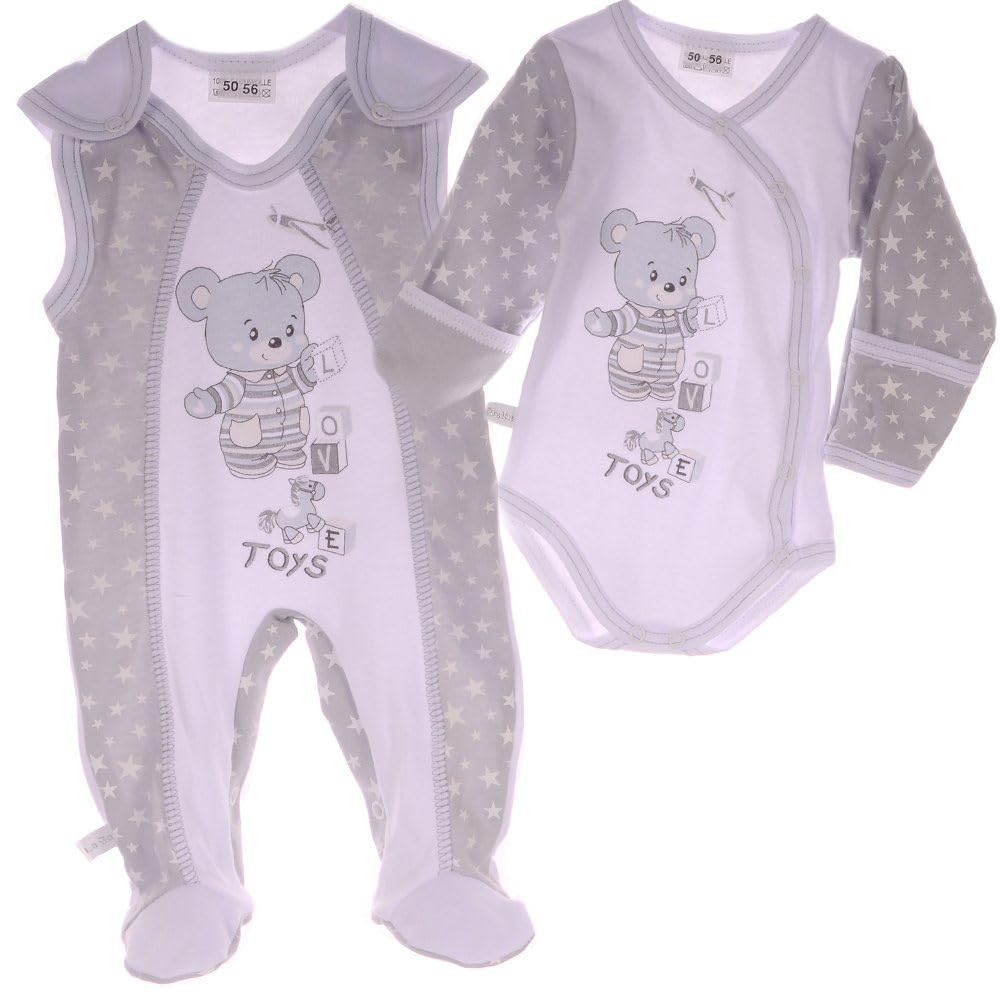 Baby und Kinder Strampler Wickelbody Langarm – Größen 44-74 – Anzug mit Stramplerhose und Body mit Kratzschutz in Weiß und Grau für Jungen und Mädchen