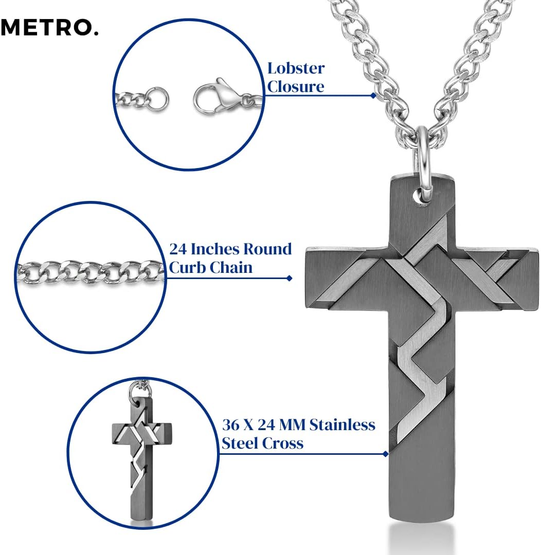 Metro Jewelry Stainless Steel Contemporary Cross Pendant Necklace for Men with Black Ion Plating on 24 Inches Long Box Chain - Image 7
