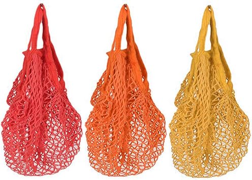3 Pack Reusable Cotton Mesh String Bags with Handles Net Bags Grocery Shopping Tote Bags Organic Organizer Shopping Handbags for Shopper Produce Storage Beach Toys Fruit Vegetable A