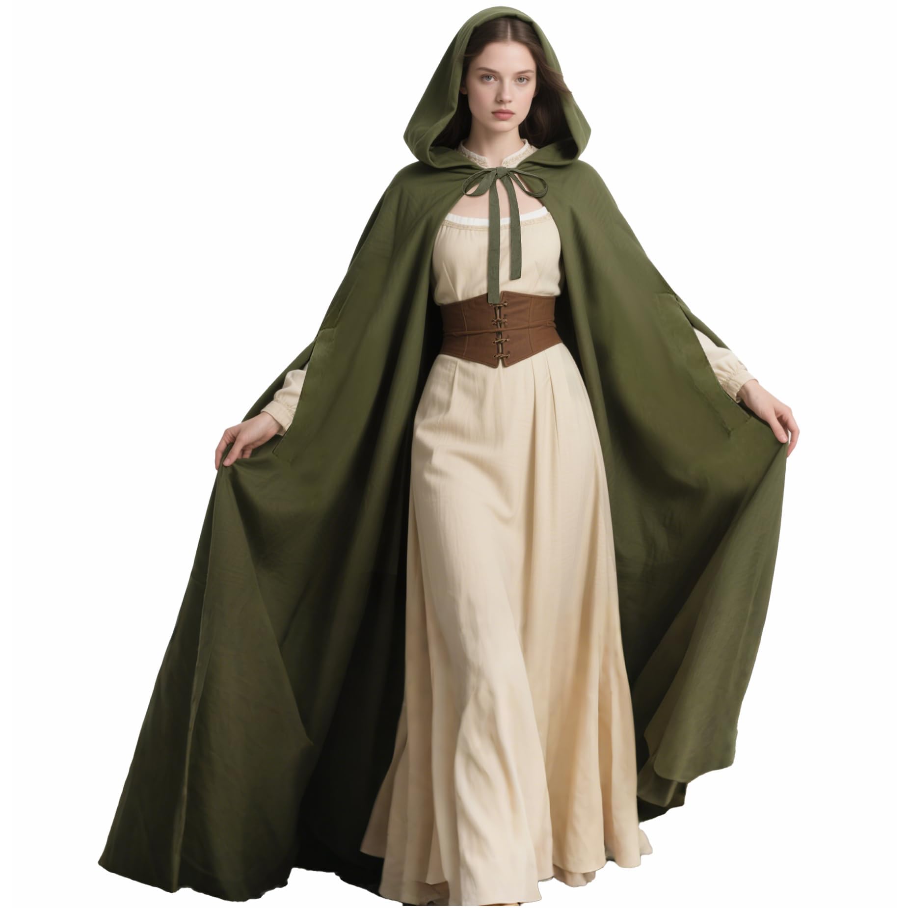 Keland Capa renacentista con capucha para mujer, capa medieval con capucha y agujeros para las mangas para Halloween (verde ejército)