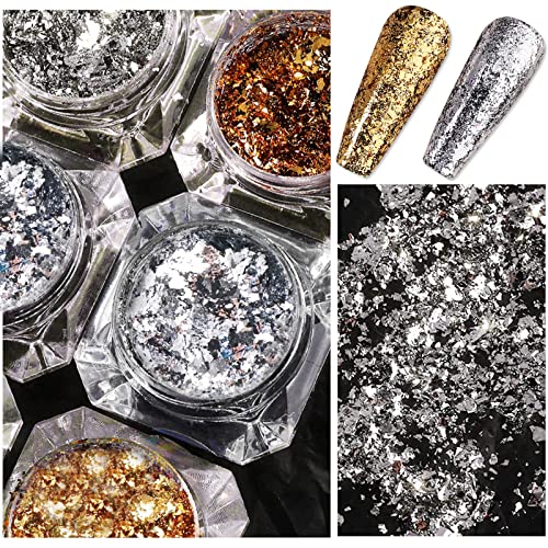 Holographic Nail Foil Glitters Kit, 4 Boxes 3D Sparkly Aluminum Metallic Shining Flakes, Gold Silver Glitter Foils Magic Mirror Effect Powders Sequins Nail Art Supplies For Acrylic Nail Decoration #TOP3