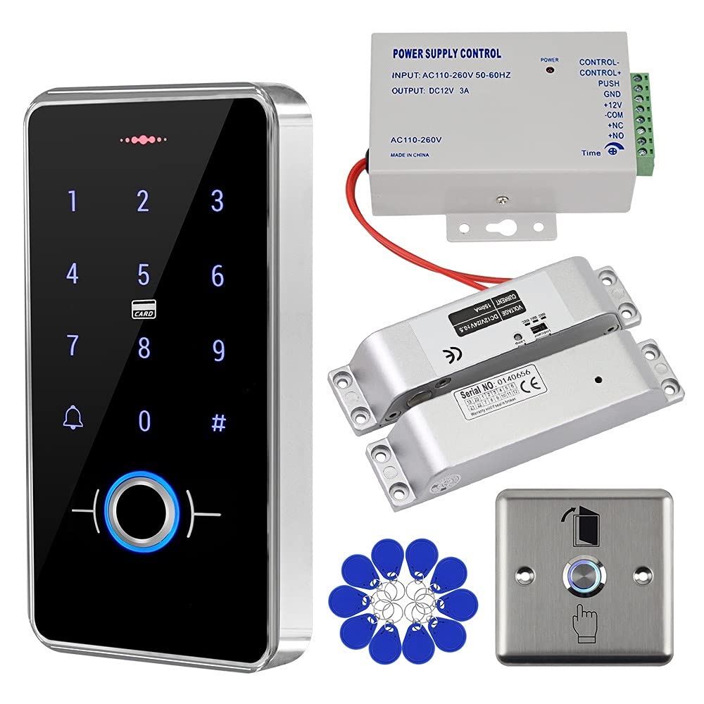 GXYKit de système de contrôle d'accès de porte RFID Clavier étanche à empreinte digitale IP68, Serrure à verrou électronique, Alimentation 12V 3A, Bouton de commutation, 10pcs IC 13.56MHz Keychains