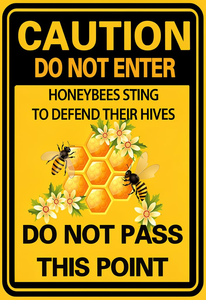 peiyeety Caution DoEnter Honeybees Sting Tin Sign 12x8 Inch, Yellow & Black Metal Warning Plaque with Honeycomb Bee Design, Rustic Farmhouse Beekeeping Decor for Apiary Shed Garden Fence