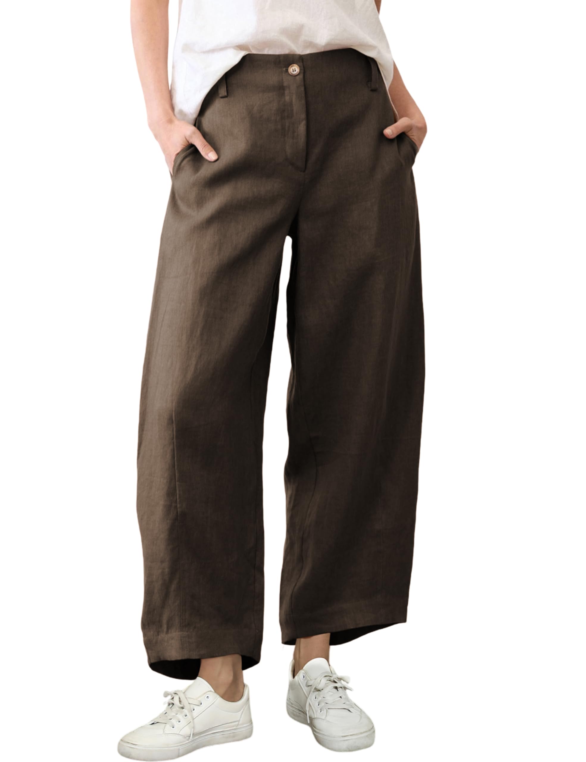 Xiaoxuemeng Linen Pants Women Wide Leg Capri Beach Pants Elastic Waisted Baggy Linen Trousers