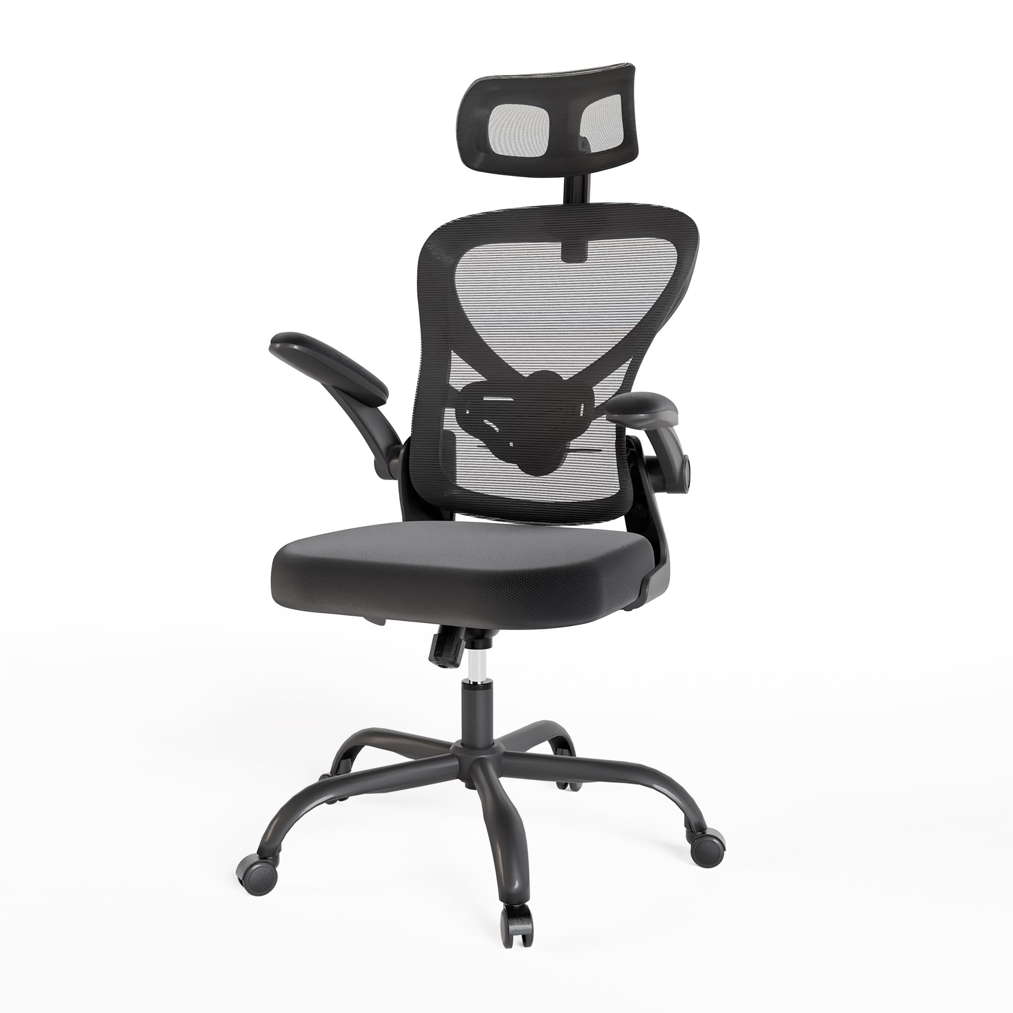 ALAULM Ergonomischer Bürostuhl mit Verstellbarer Lendenwirbelstütze und um 90° hochklappbaren Armlehnen, Computerstuhl mit hoher Rückenlehne aus Netzgewebe für Zuhause und Büro, schwarz