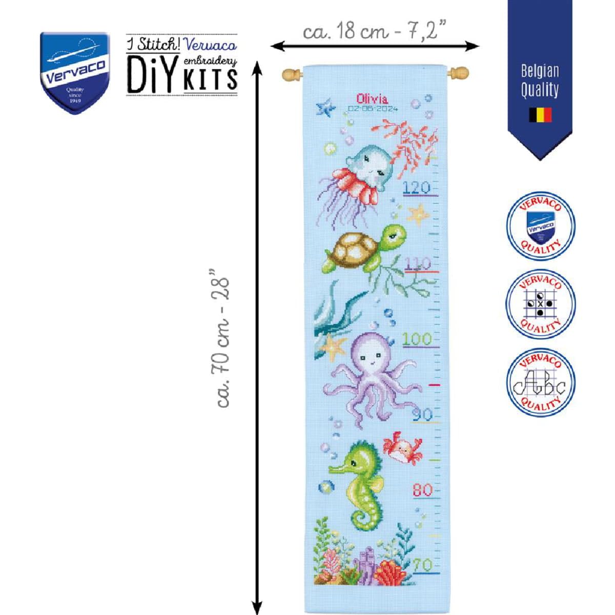 VERVACO Haft Krzyżykowy Liczony Zestaw Metryczka dla Dziecka ZWIERZĘTA MORSKIE Pamiątka Narodzin Zrób to Sam Zestaw Kreatywny dla Dorosłych 18 x 70 cm Dekoracje Ścienne Pokój Dziecka Cross Stitch