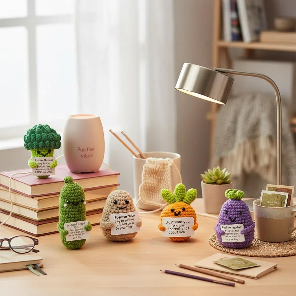 6PCS Handmade Positive Crochet Funny Vegetable Set with Encouragement Card Cute Room Decor Unique Birthday Gift for Women Friends Emotional Support Present