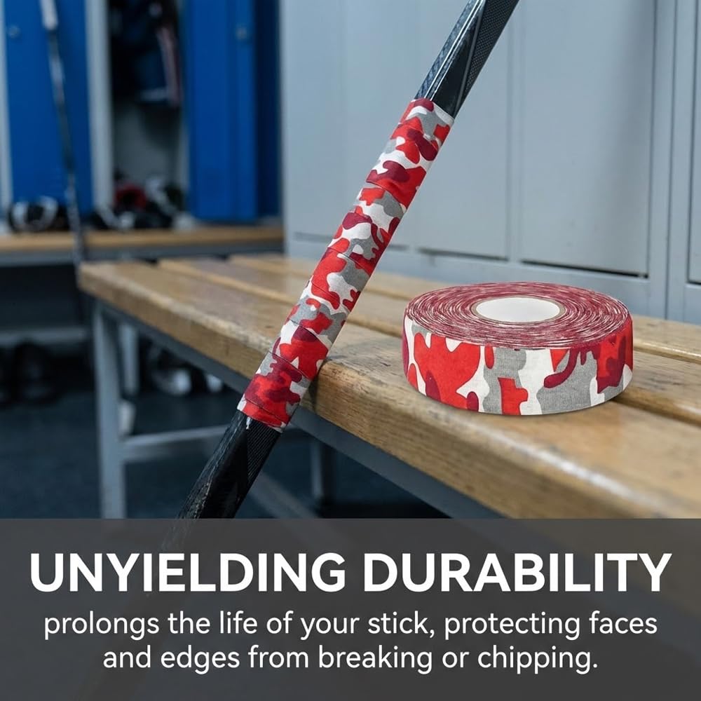 Ruban Adhésif de Hockey 25m x 2,5cm - Camouflage Rouge, Tape en Coton pour Crosse de Hockey, Résistant au Froid & Antidérapant
