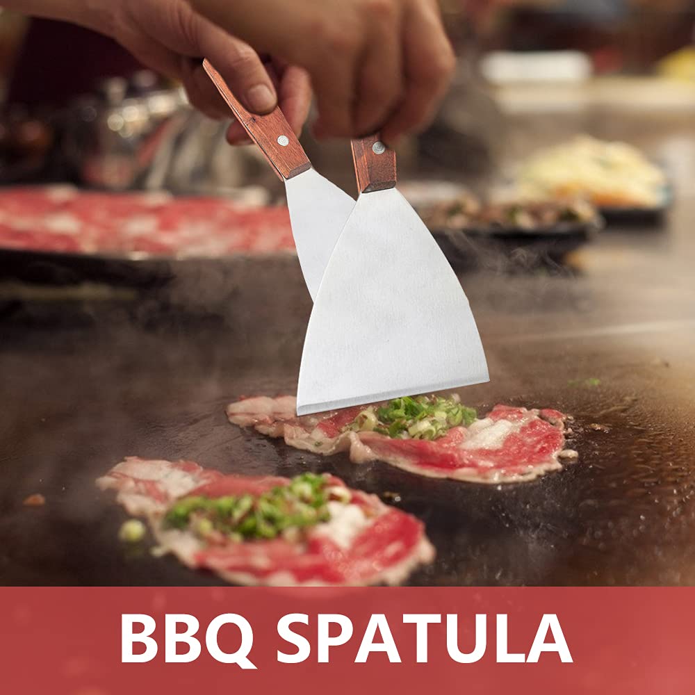 Teppanyaki Spatule, Spatule Barbecue Spatules Teppanyaki à Manche en Bois Spatules pour Barbecue en Acier Inoxydable Spatule Plate pour Tourneur et Grattoir pour Cuisine Barbecue, 3 Pièces