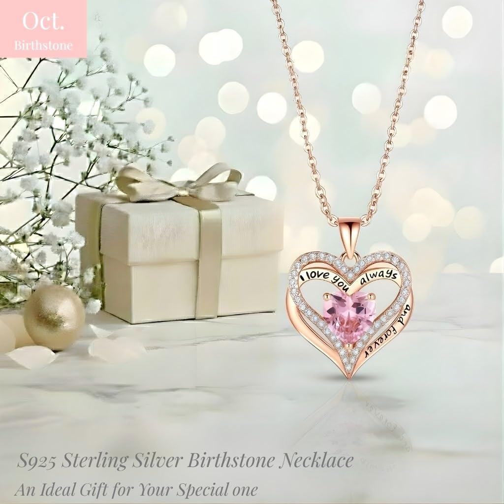 Birthstone Heart Necklace for Women, S925 Sterling Silver Rose Gold Pendant, Jewelry Gift for Wife, Girlfriend, Mom, Daughter, Anniversary Birthday Valentine’s Day - Image 3