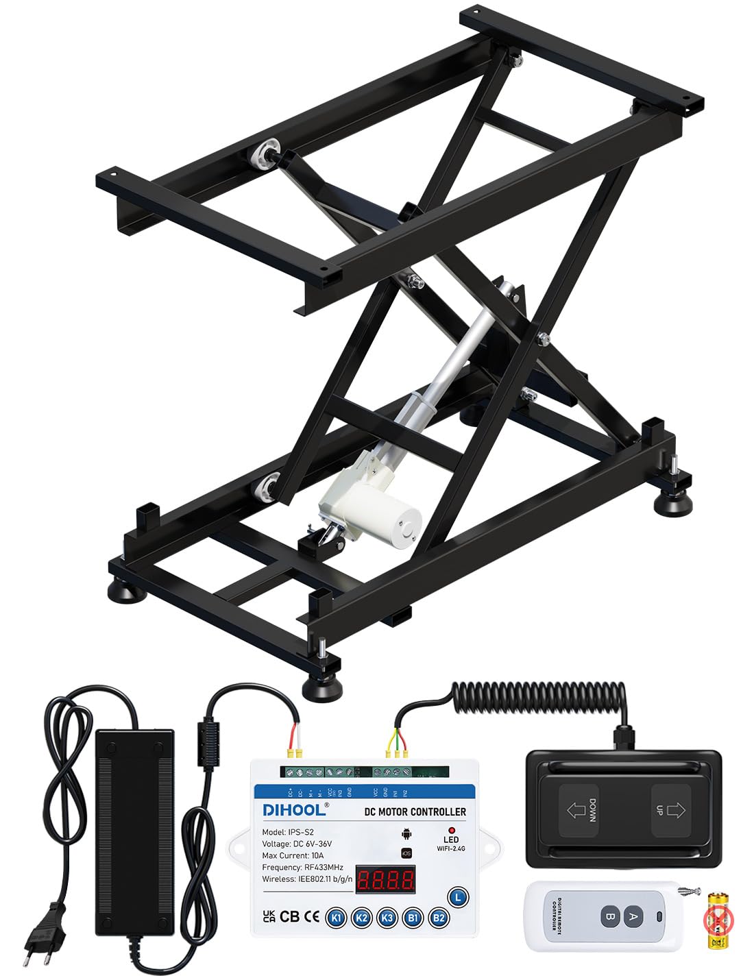 DIHOOL Electric Lifting Tables 150kg Carico, 195-680 mm Altezza Regolabile Forbici Tavolo, Pedal Control