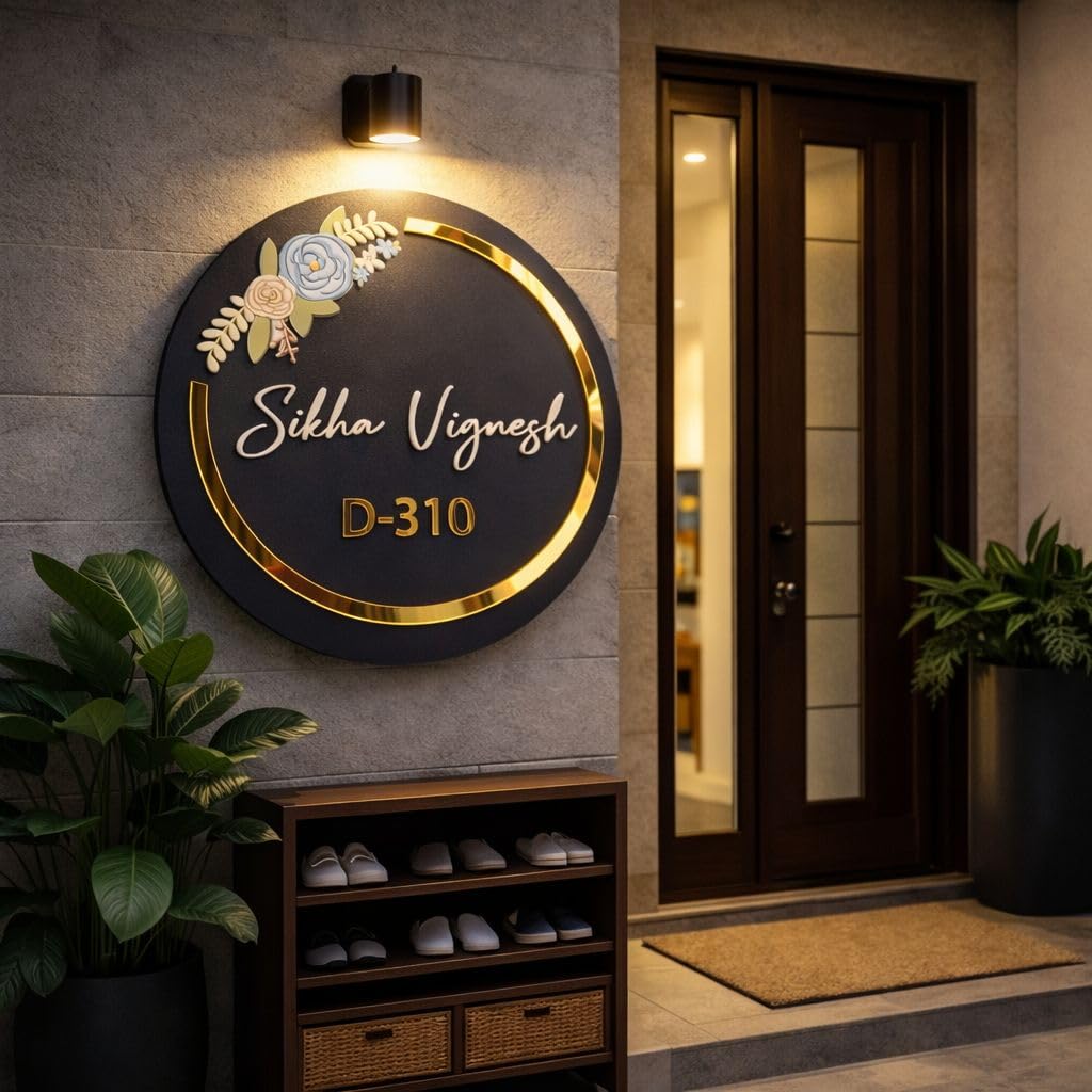 CRAFTY MARVELS Custom MDF House Name Plate 30×30 cm – Wooden Round Name Board for Entrance