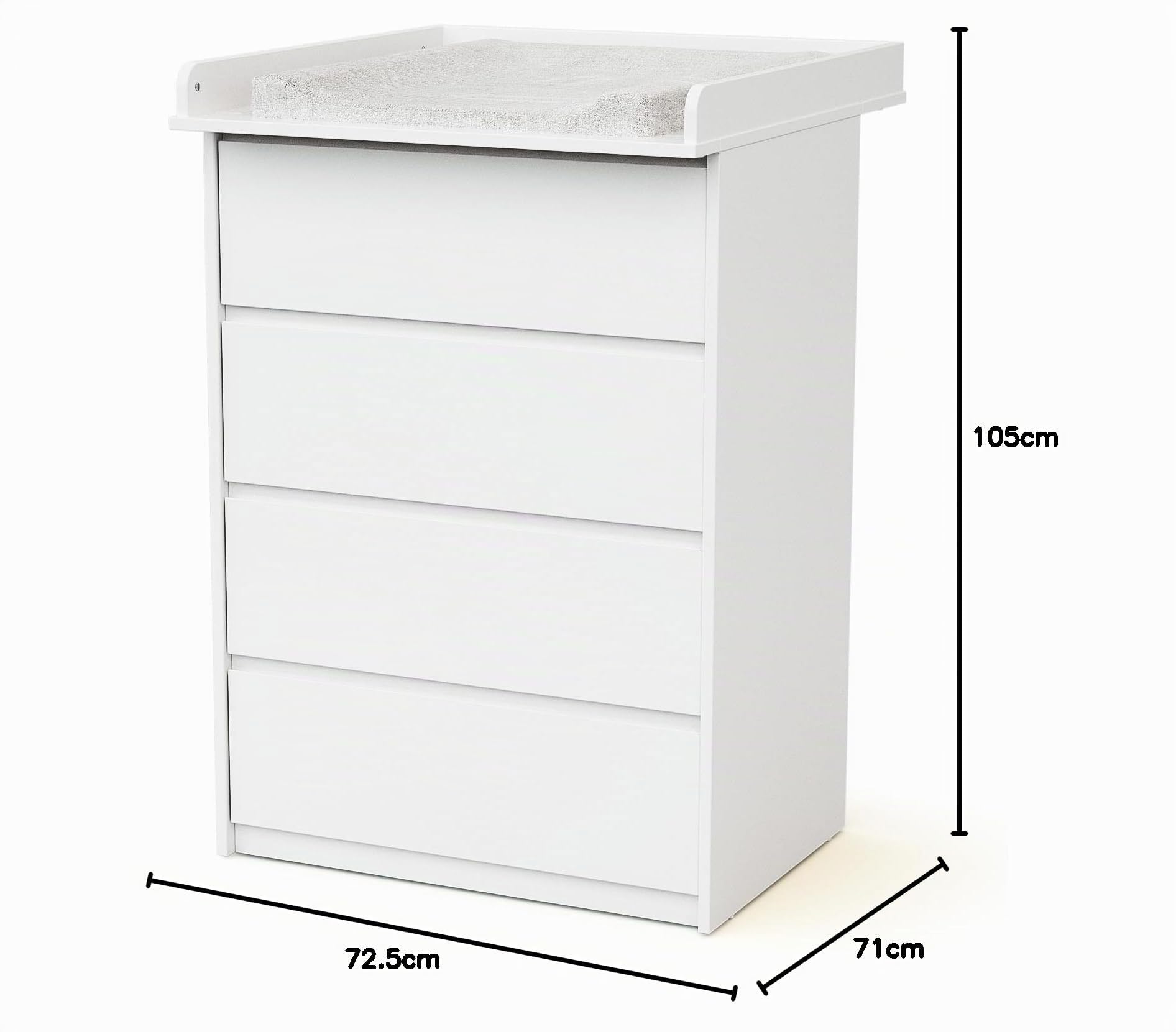 Webaby - Wickelkommode mit 4 Schubladen und Wickeltisch aus Holz, 70 cm UNO - Weiß