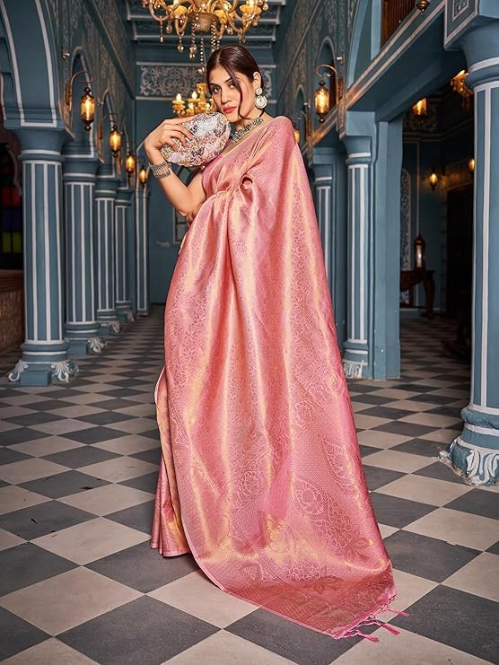Womens Kanjivaram Silk Saree with Zari Woven Saree With Blouse Piece