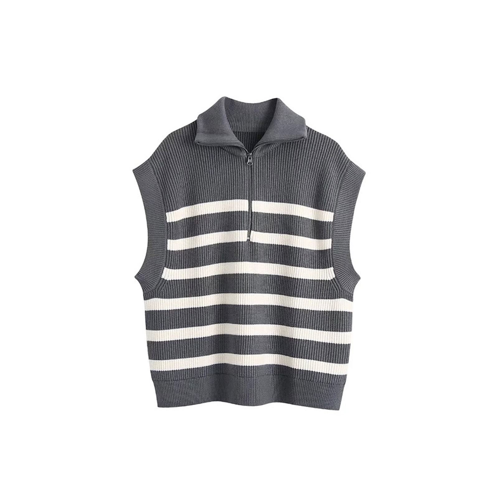 HNGFBFF Women's Pullover Sweaters Women's Front Zipper Loose Stripe Knitted Vest Sweater High Collar Sleeveless Women's Vest