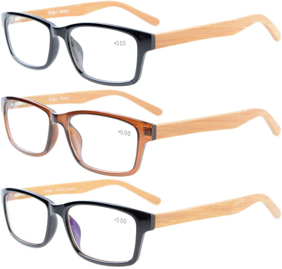 3-Pack Rectangle Frame Bamboo Temples Spring Hinges Computer Reading Glasses Readers Specs Men/Women +4.00
