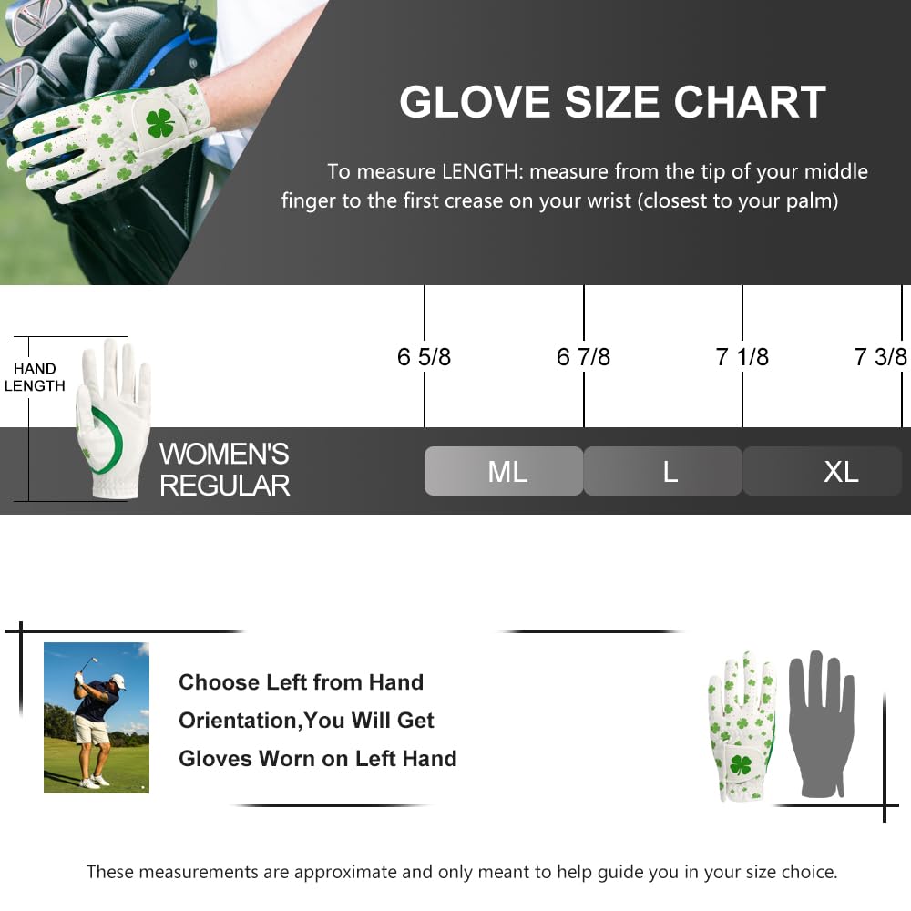 GOLTERS Womens Golf Gloves Left Hand Clover Ladies Golf Gloves with Adjustable Strap Synthetic Leather Lycra Fiber Worn On Left Hand (White, Large)