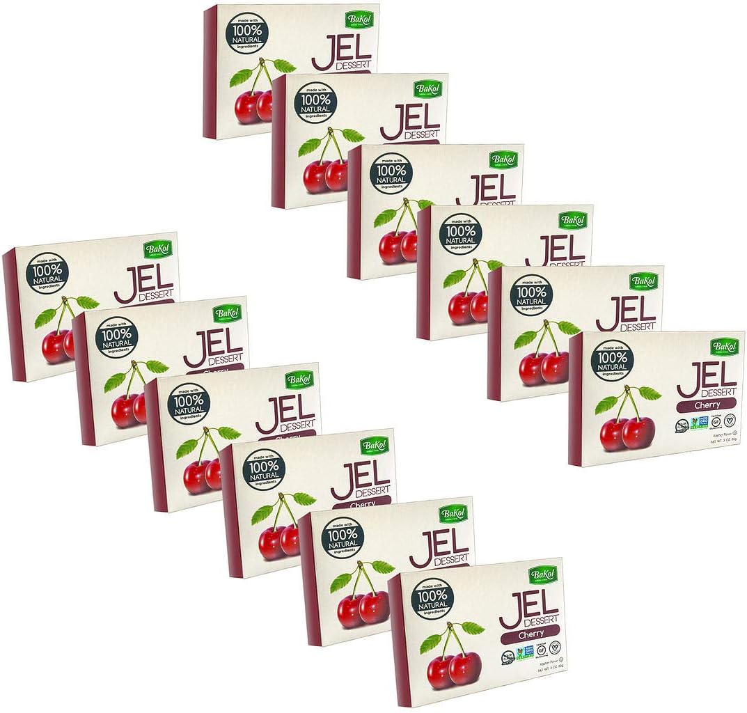 Bakol Jel Dessert - All Natural Vegan Dessert Mix - Kosher - Halal - No Artificial Sweeteners Flavors or Colors – Cherry Flavor (PACK OF 12)