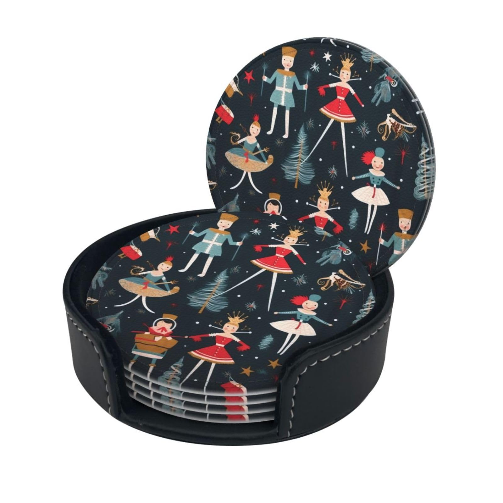 Stylish Coasters - Women's Nutcracker Ballet Xmas Dance Set of 6 Round Leather Drink Coasters with Holder - Perfect Size for Cups and Glasses
