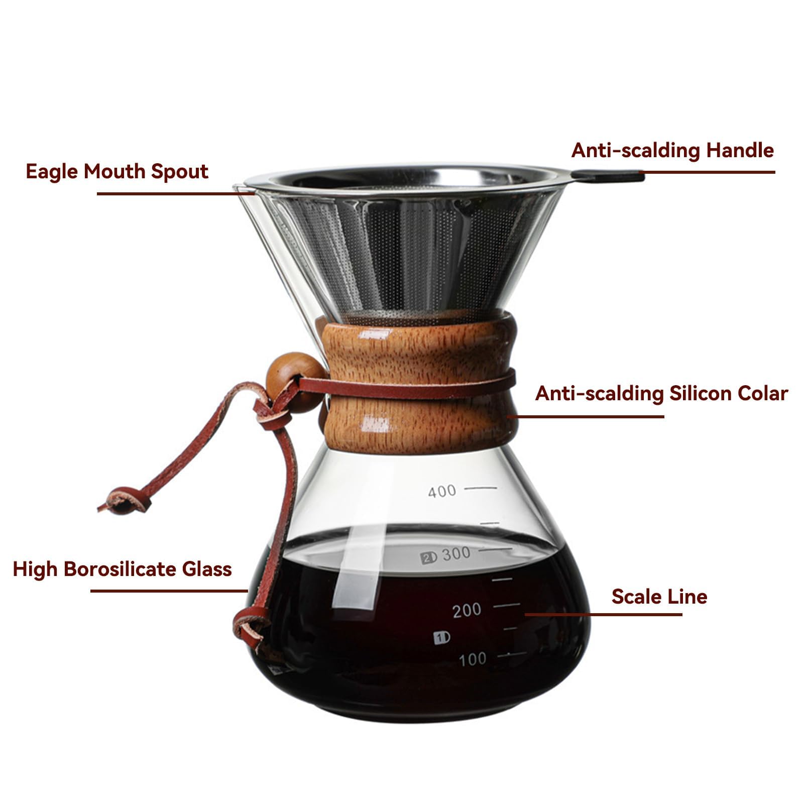HERCHR Vierta sobre la cafetera, Juego de gotero de café de 800 ml, Filtro de Doble Capa de Vidrio de borosilicato, Jarra de café para el hogar, cafetería, Fiesta