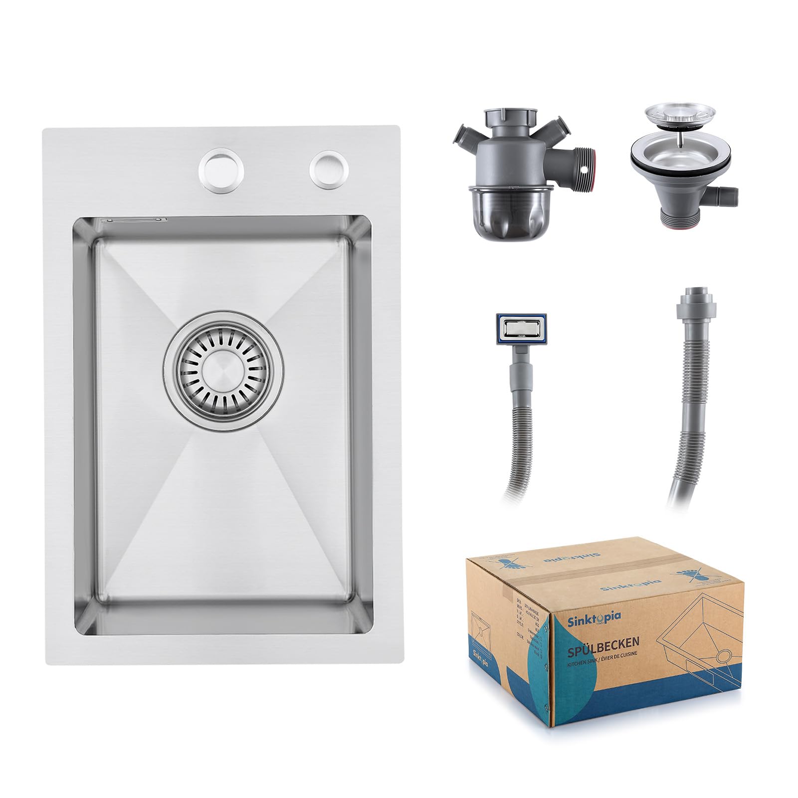 Kitchen Sink with Waste Kit, 2 Tap Holes Stainless Steel 304 Thick Deep Basin Single Bowl, Sinks with Strainer Overflow for Home Kitchen Campervan Utility Room Bar Brushed Stainless 30×45 cm