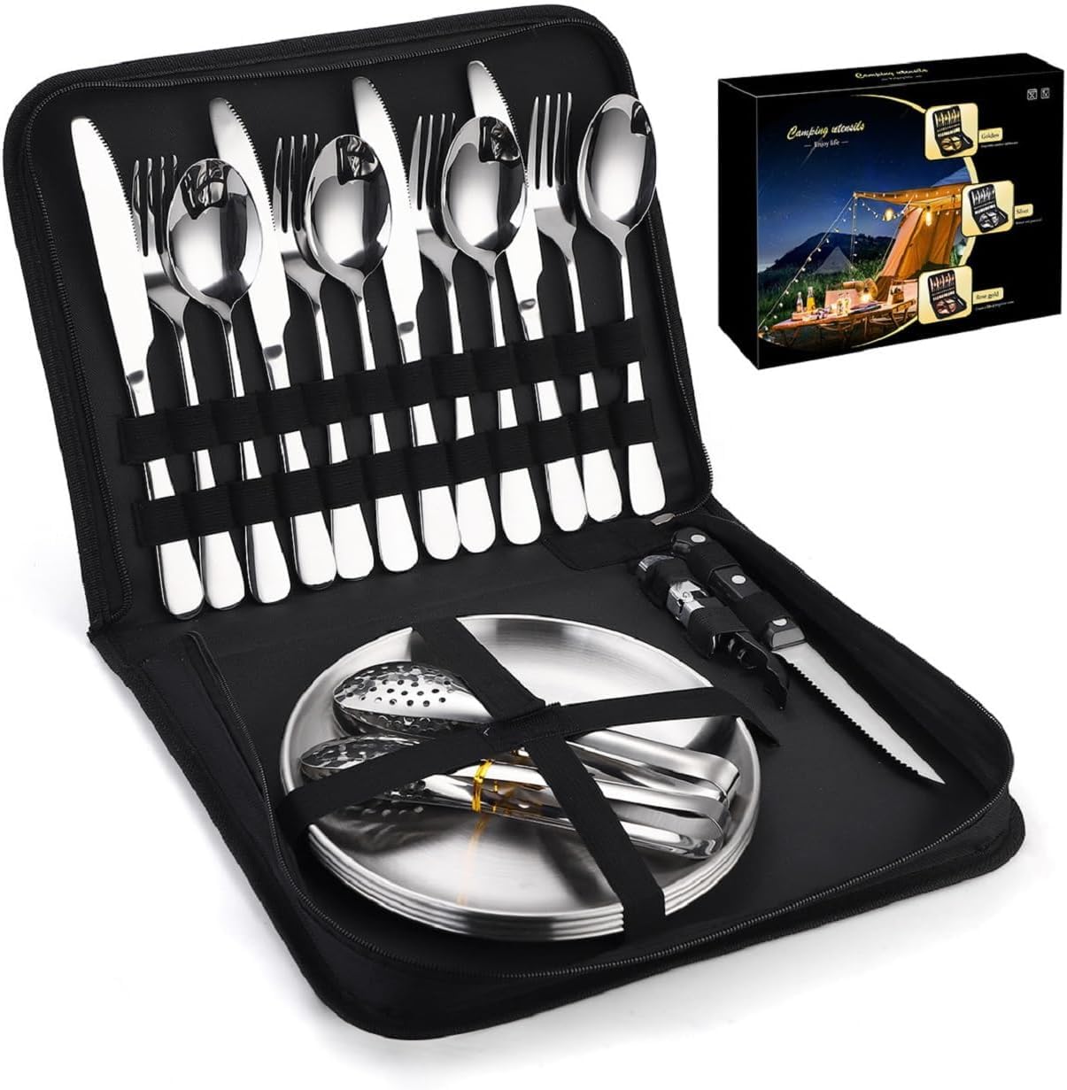Camping Silverware Set with Case, 10piece Mess Kit with Stainless Steel Plates Spoons Knives Forks, Portable Cutlery Set, Picnic Eating Utensils Set, 4 Person Dinnerware Set