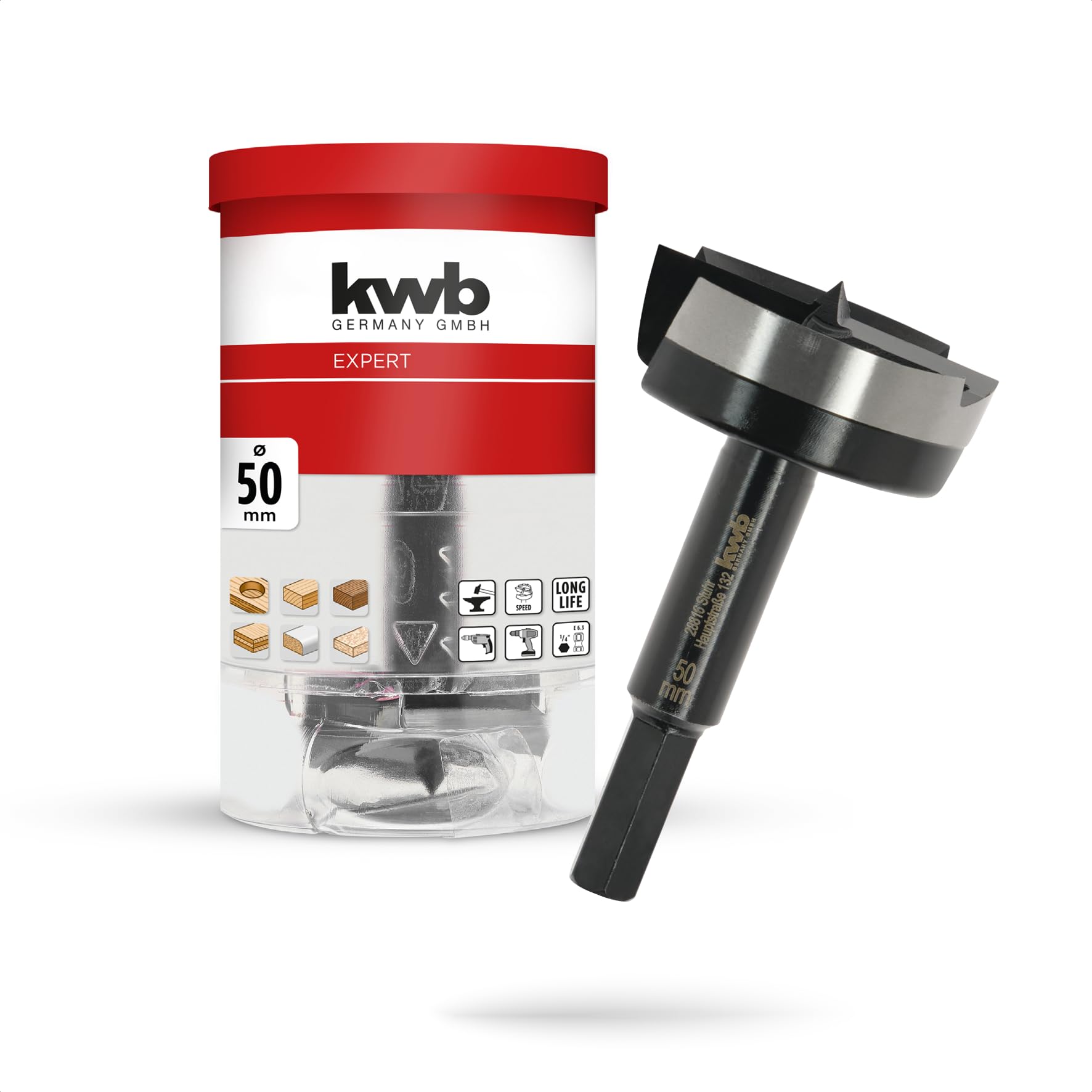 kwb Forstnerbohrer, Ø 50 mm, Topfbohrer (für Holz, geschmiedeter Bohrkopf, Spezialanschliff, schnelle, ausrissfreie Bohrlöcher, 4-seitig geschliffene Zentrierspitze, für Akkuschrauber & Bohrmaschinen)