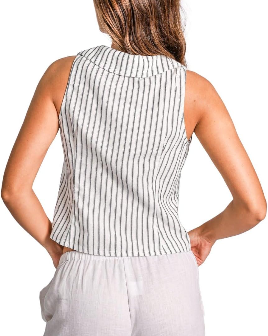 Amazhiyu Womens Cropped Summer Button Down Vest Sleeveless V Neck Stripes Tops - Image 3