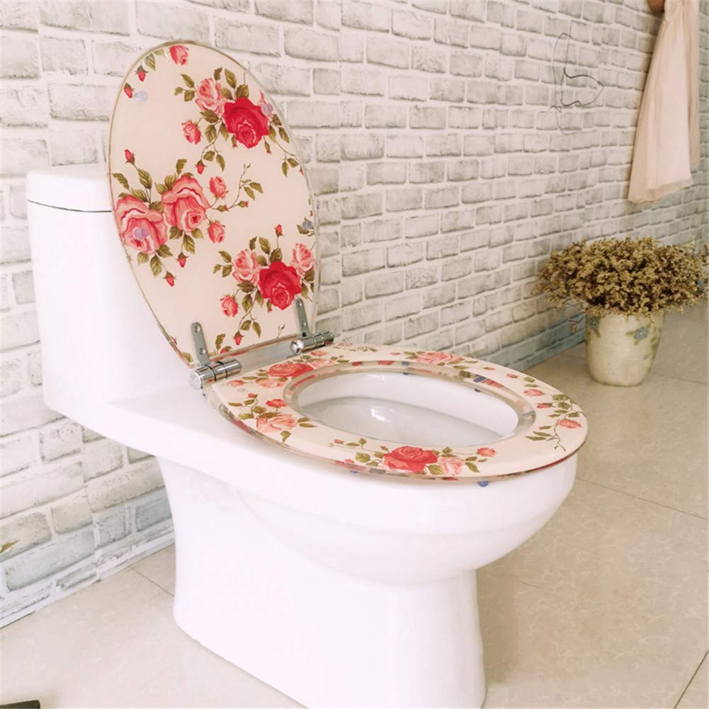 Resina Addensata Sedile WC, Bellissimi Fiori Copriwater Universale Coperchio WC per Toilette Chiuso,Cerniere A Chiusura Lenta in Acciaio Inossidabile Inox 304,Rilascio Rapido
