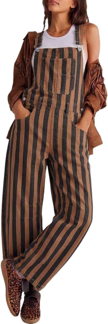 utcoco Women's Y2k Baggy Barrel Jeans Overalls Wide Leg Striped Denim Jumpsuit Stretch Bib Coveralls