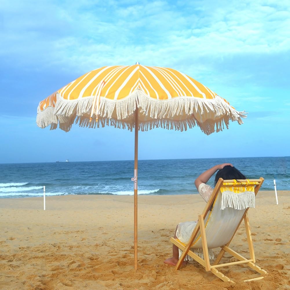Duży Parasol Plażowy 6,5 Stopy Z Frędzlami, Uchylny, Paskowany Parasol Tarasowy Z Drewnianym Drążkiem, Ochrona Uv, Przenośny, Ogrodowy, Z Frędzlami I Torbą Transportową