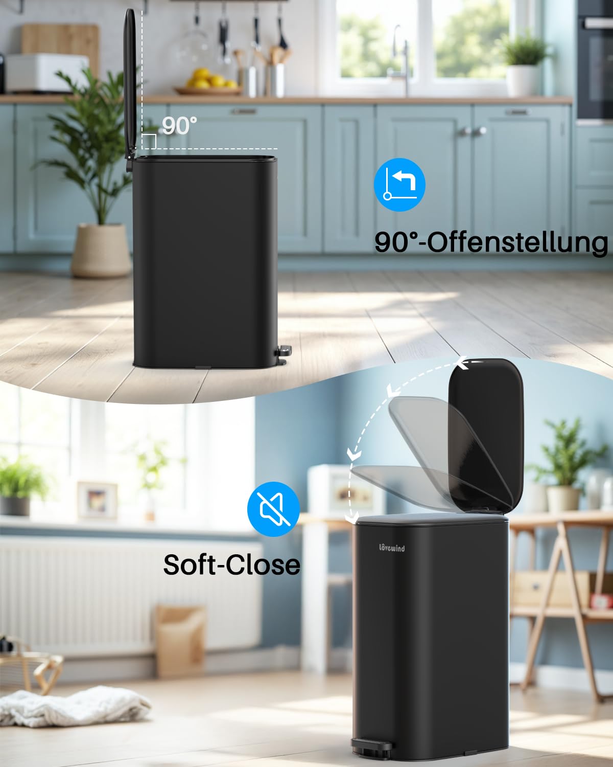 Lovewind Mülleimer Küche 30l, Softclose Abfalleimer mit Deckel,Treteimer aus Stahl, Mülleimer Schmal mit Inneneimer für Küche, Büro, Schwarz