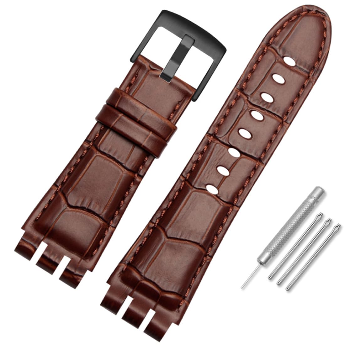 ZHUOLEI SWATCH Cow Leather Stainless Steel Buckle Watch Band with Tool Watch Width 23mm Large Leather Strap Replacement for Men's Swatch YOS440 449 401 447 (Coffee (black buckle))