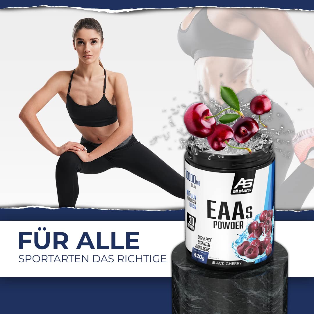 All Stars EAA Powder Black Cherry I Aminosäuren hochdosiert I 420g Pulver mit 10.000mg EAAs pro Portion I BCAA Supplement mit L-Leucin + L-Valin + L-Isoleucin I Shake zuckerfrei