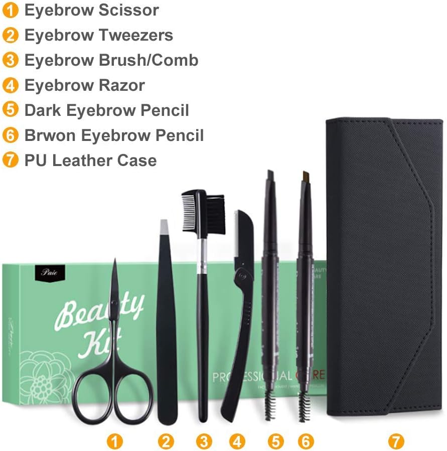 6 in 1 Eyebrow Scissors Razor Professional Eyebrow Grooming Kit with Tweezers Brush Eyebrow Comb Eyebrow Pencils PU Leather Bag for Women : Everything Else