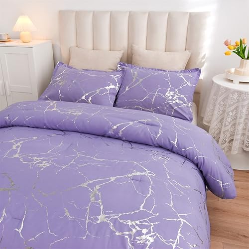 Miniatura 8 de Holawakaka Juego de edredón de mármol metálico plateado juego de ropa de cama con purpurina tamaño King moradoplateado