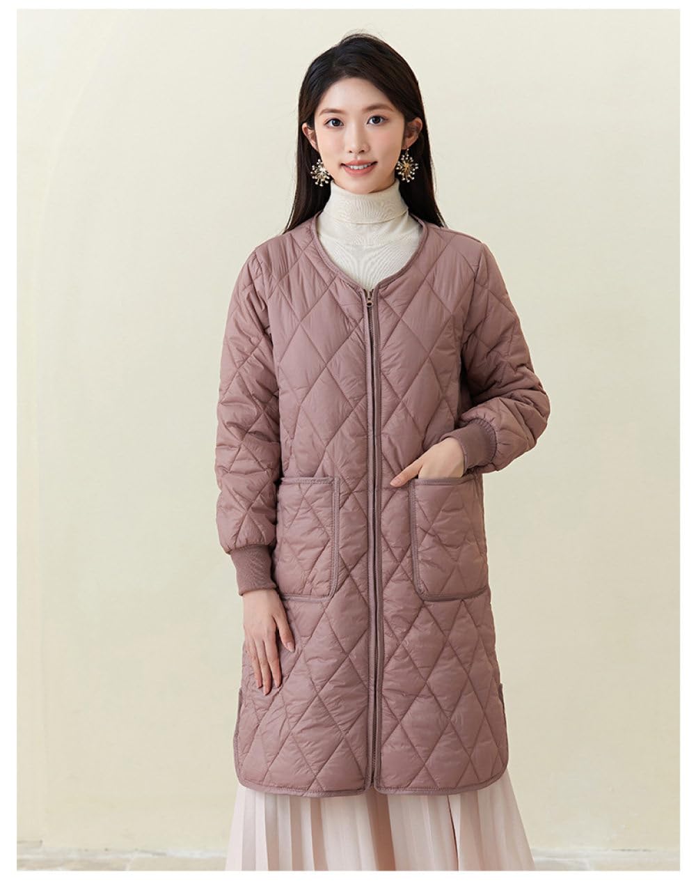 Giacche Trapuntate Da Donna Midi Invernale Caldo Trench,Marrone Viola Giacca Di Transizione Con Griglia A Rombi Girocollo Tinta Unita Maniche Lunghe Parka Con Zip Laterali Capispalla Con Tasche