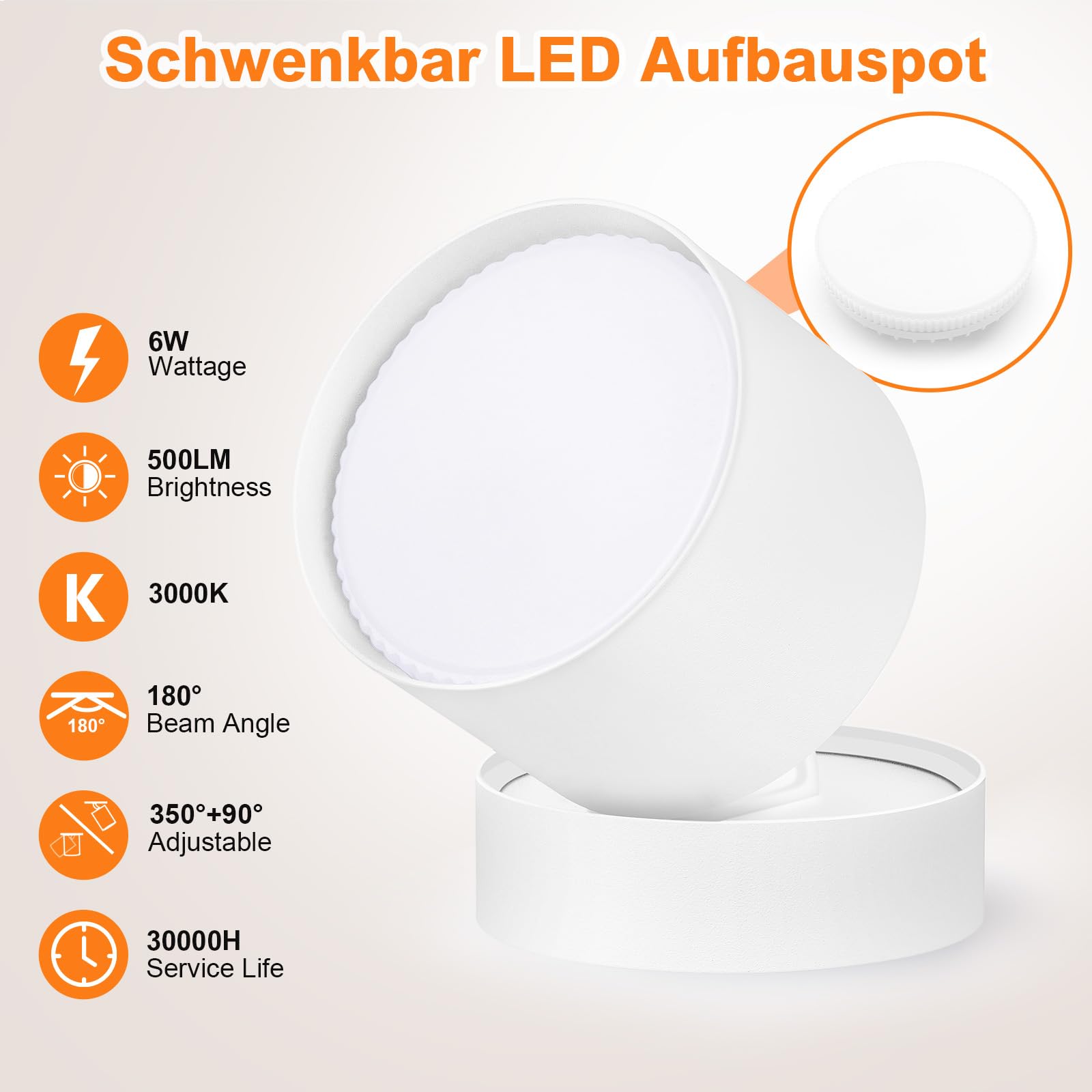 KYOTECH 4 Pcs LED Foco Superficie Blanco Giratorio Ø84x80mm, Bombilla 6W GX53, Plafón Interior Blanco Cálido 3000K 550LM