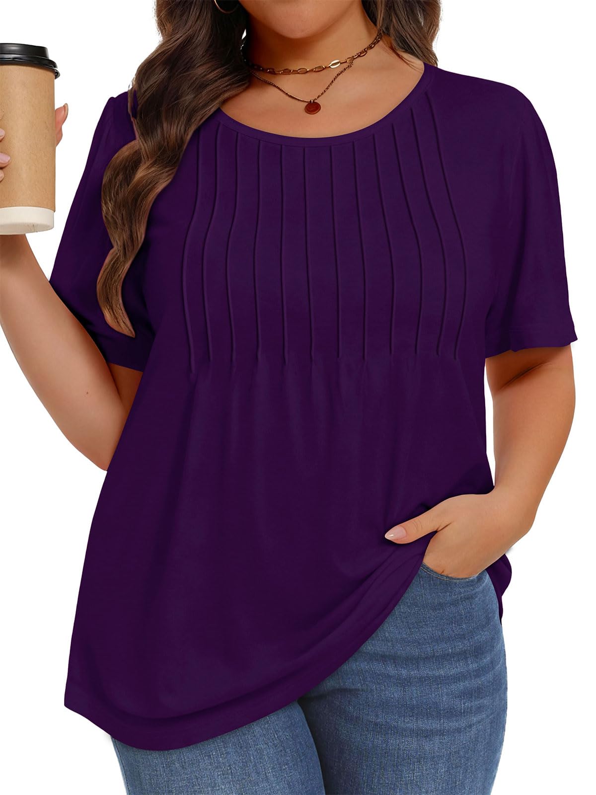 Plus Size Tops for Women Summer Pleated Short Sleeve Shirts Casual Blouses