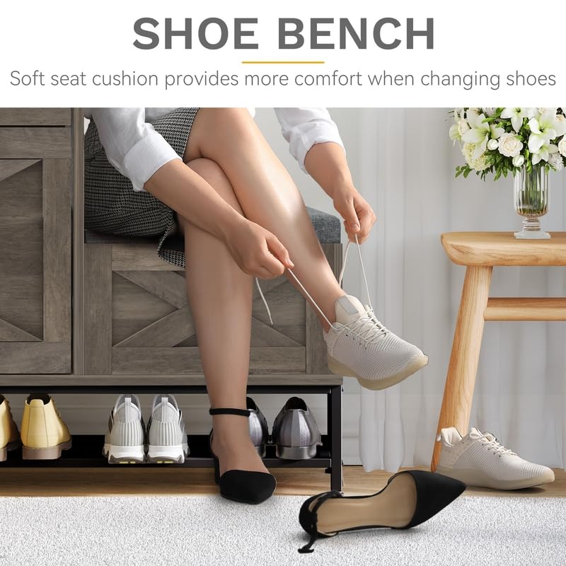 DWVO Farmhouse Shoe Cabinet Bench with 2 Flip Drawers for 16 Pairs, Chic Entryway Bench and Rustic Design for Living Rooms and Hallways (Washed Grey)