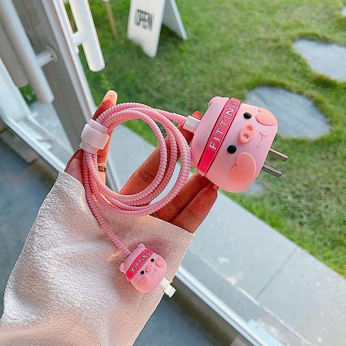 Image of Cartoon 3D Design Protective Case for 18W 20W iPhone 14 13 12 11 Pro Max Fast Charging Cable Adapter Charger, Cute Cartoon Lightning Data Cable Case for iPhone Charger DIMPLED