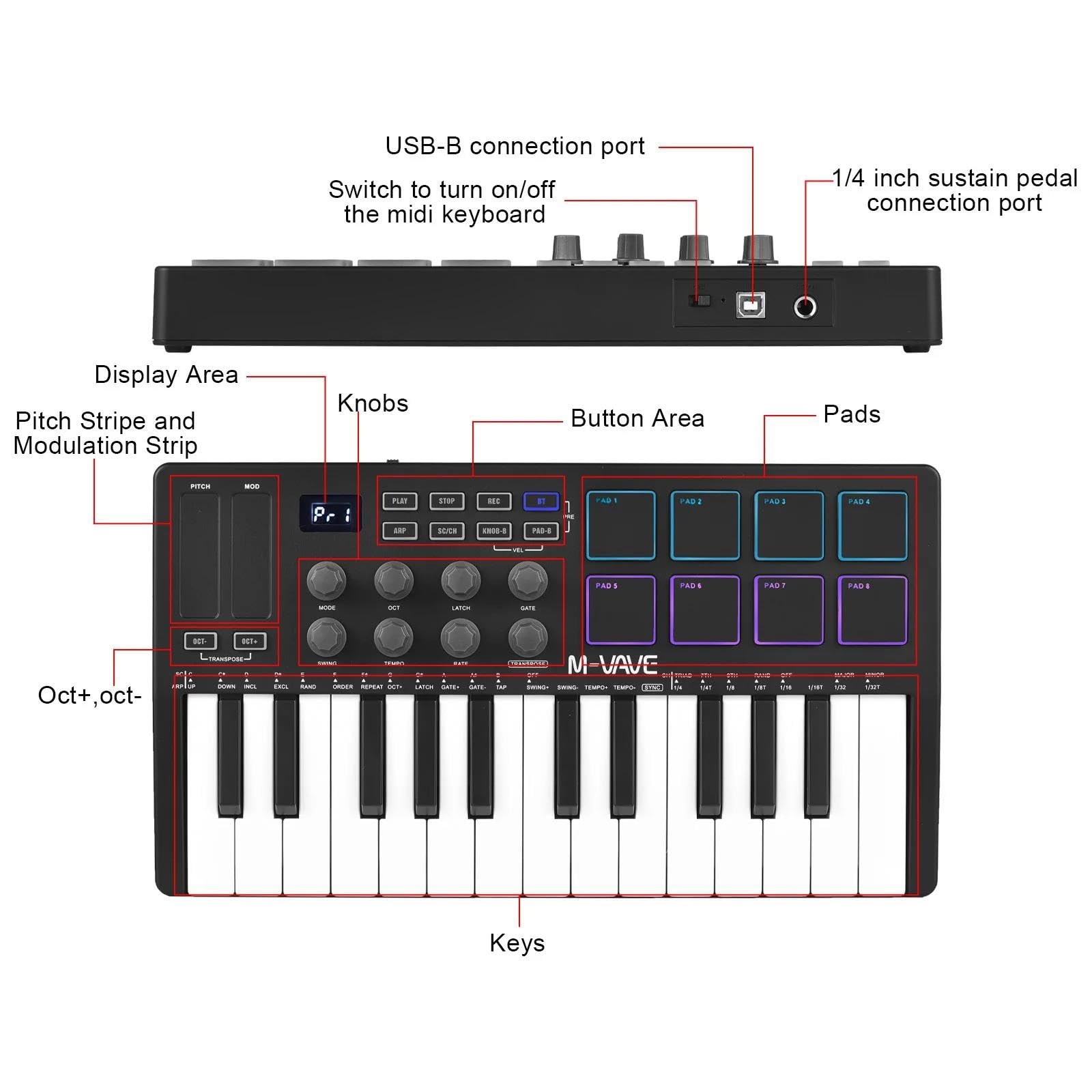 Controlador de teclado MIDI de 25 teclas USB inalámbrico con 8 almohadillas de batería retroiluminadas, 8 perillas, 2 tiras táctiles para producción y actuación musical
