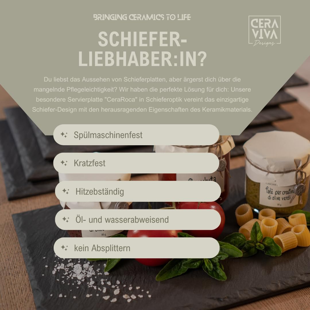 Servier- und Grillplatte aus Keramik in Schieferoptik 28x19cm • 6 teilig in anthrazit • Leichte Reinigbarkeit • Fleckenbeständig • Kratzfest • Spülmaschinenfest • Grillplatte bis 1000°C