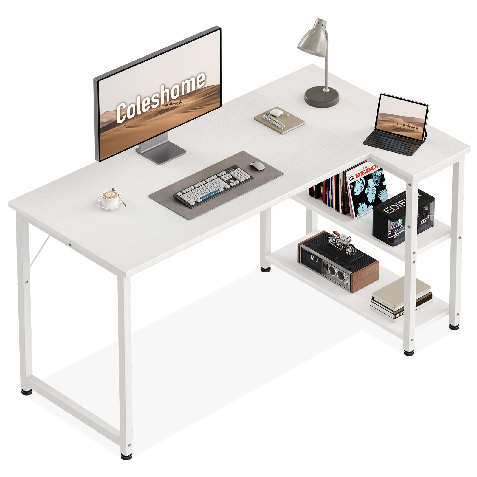 Coleshome Eckschreibtisch, 120x70 cm L-förmiger Schreibtisch mit Umkehrbarem Ablagefach, Platzsparender Weißer Computertisch, Kleiner Schreibtisch Geeignet für Home Office