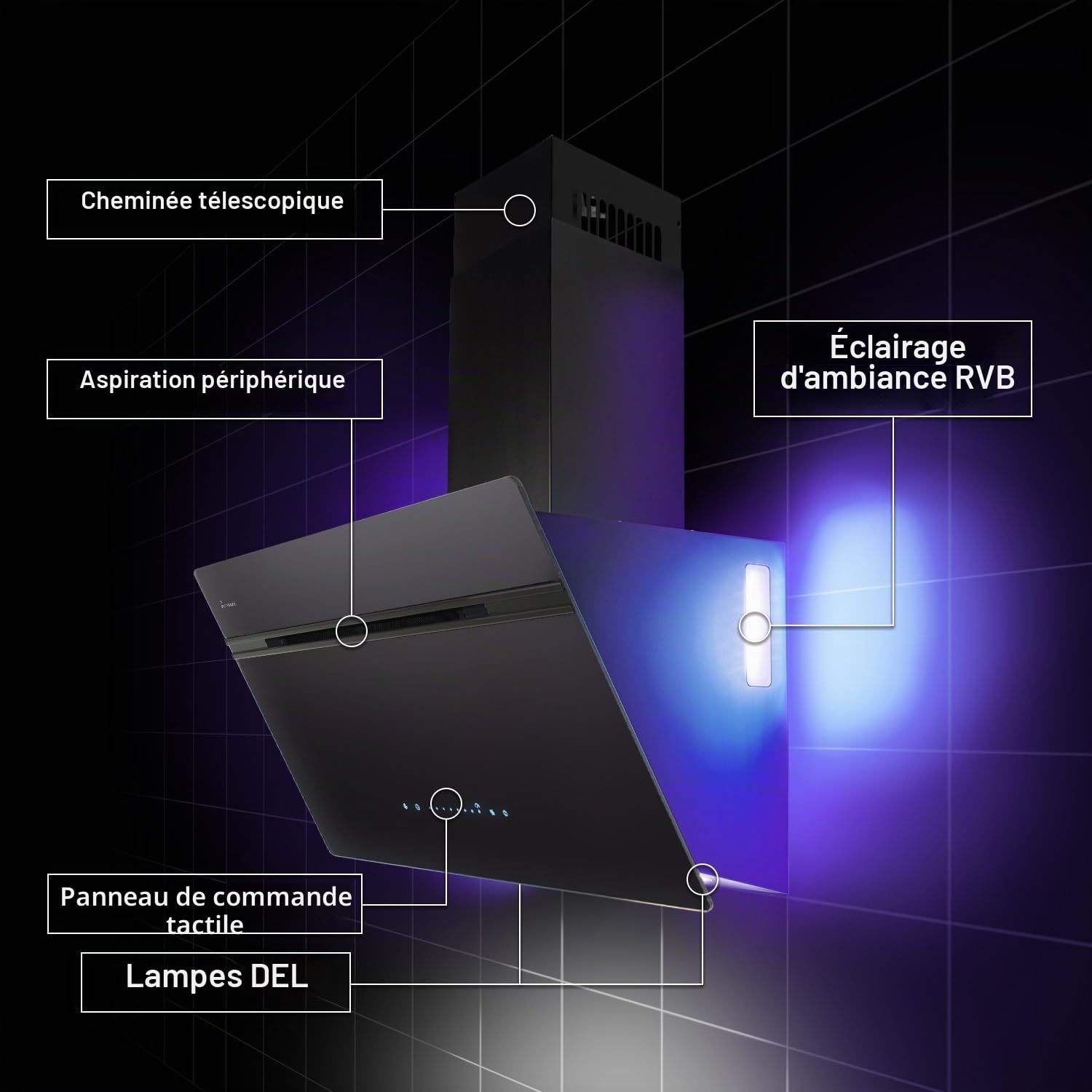 KKT KOLBE AURORA9005FB Hotte aspirante 90 cm 782 m³/h à recirculation d'air évacuée Hotte murale sans tête | Noir | Verre | Fonction de suivi automatique | Application Smart WiFi | SensorTouch |