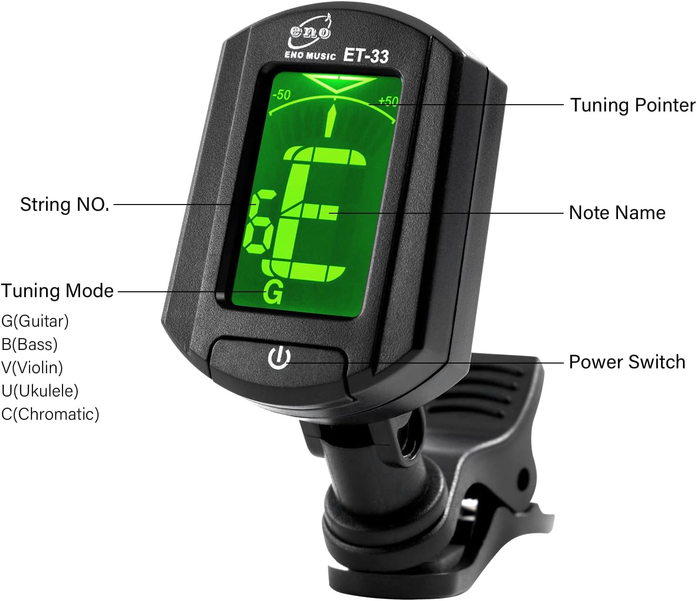 ENO MUSIC Clip-On Tuner and Capo Kit for Acoustic Classic Guitars, Bass