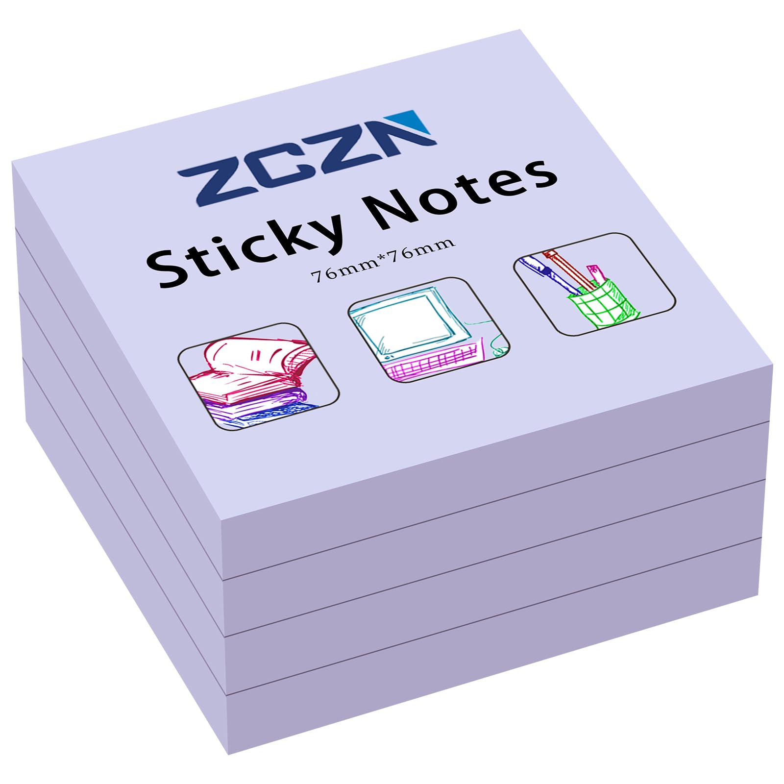 ZCZN Light Purple Sticky Notes, 3 x 3 in, 100 Sheets/Pad, 4 Pads/Pack